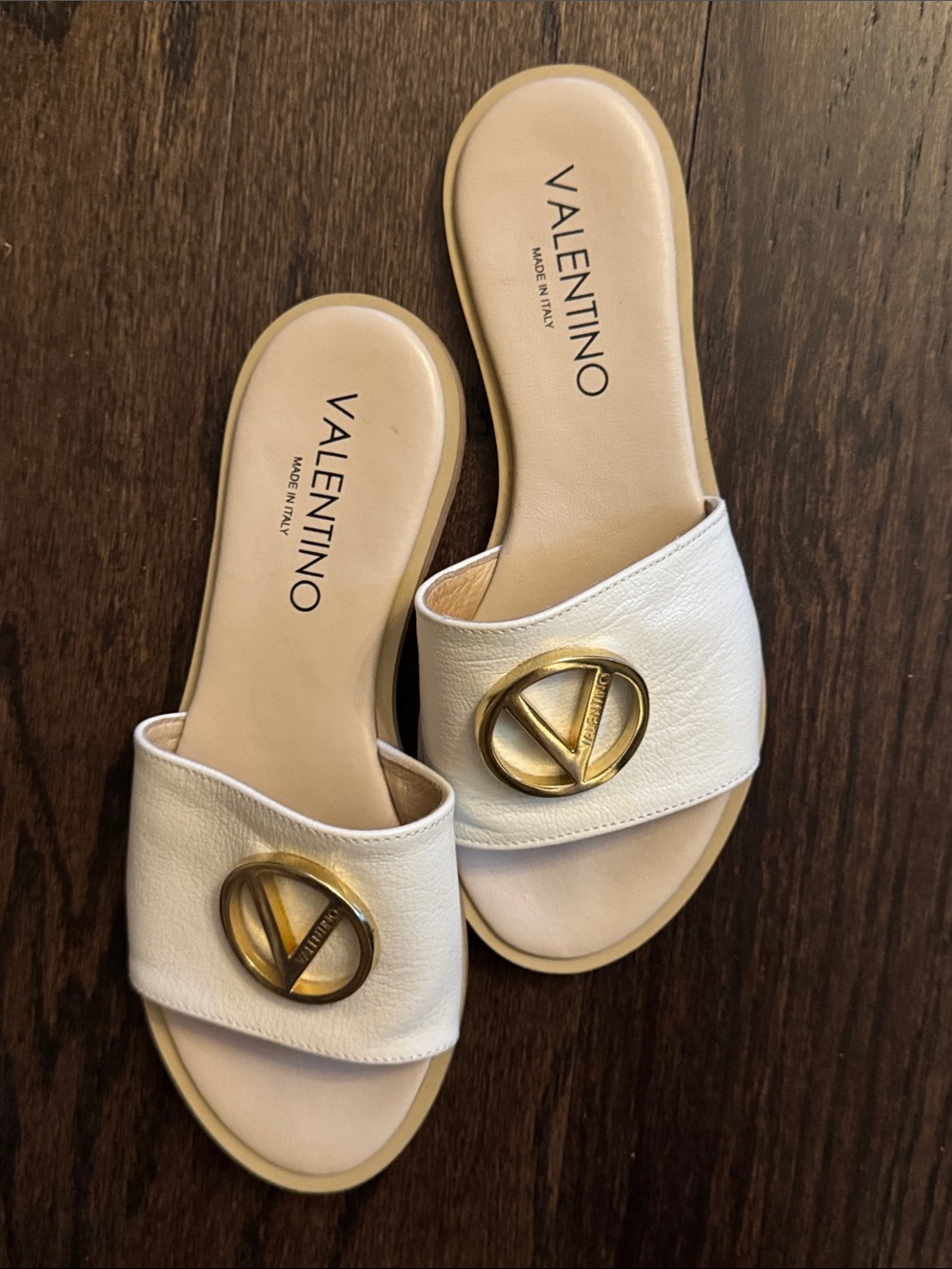 Valentino Cream Slide Sandals with Gold Logo Medallions - Picture 5 of 6